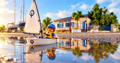 Παιδί Playmobil σε ιστιοπλοϊκό Optimist μπροστά από τον Ναυτικό Όμιλο Μεσολογγίου