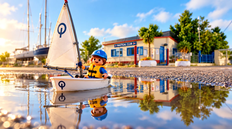 Παιδί Playmobil σε ιστιοπλοϊκό Optimist μπροστά από τον Ναυτικό Όμιλο Μεσολογγίου